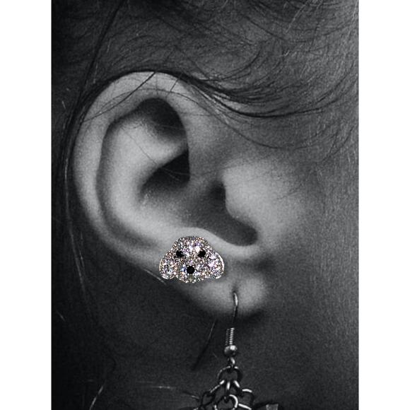 Round White and Black Cubic Zirconia Silver Doggy Face Earrings - Picture 6 of 9